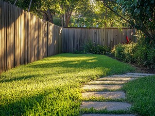 Poster - Sunlit backyard with lush green grass, stone pathway, and wooden fence.