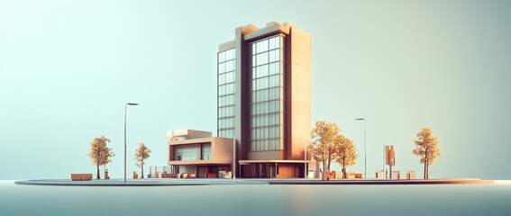 Aufkleber - Modern building architectural model with trees and benches.