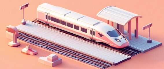 Aufkleber - Low-poly isometric illustration of a high-speed train at a platform.
