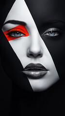 Poster - Fashion model showing creative black and white makeup with red and silver details