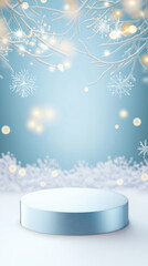 Poster - Light blue podium displaying products on winter background with snowflakes and branches