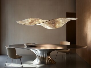 Aufkleber - Elegant, sculptural pendant light illuminates modern dining room with metal table and chairs.