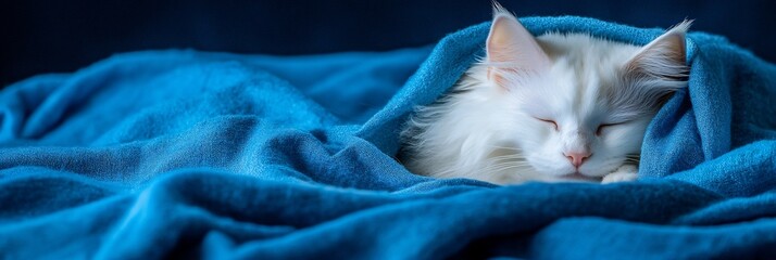 Aufkleber - White cat sleeping peacefully under a blue blanket.