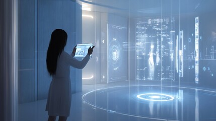 Aufkleber - Woman using futuristic tablet in a high-tech room with holographic displays showing data and medical information.