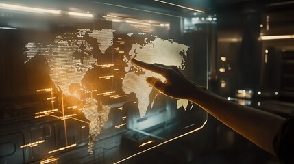 Fototapete - Hand interacting with a futuristic holographic world map on a large transparent screen.