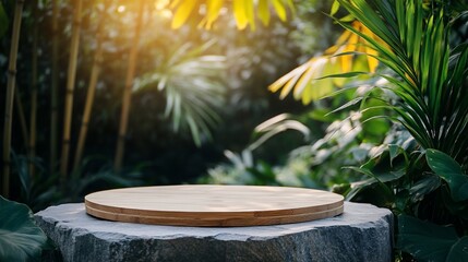 Aufkleber - Wooden round platform on stone in lush tropical garden setting.
