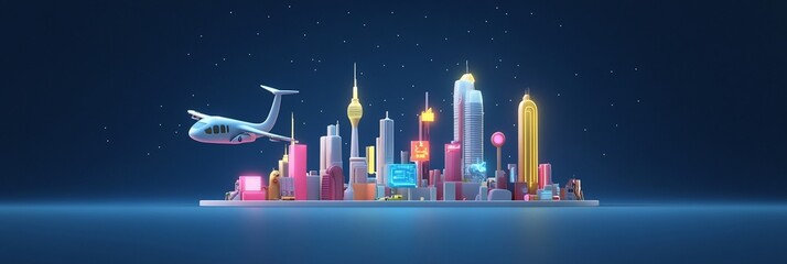 Poster - Airplane flying over a colorful, stylized cityscape at night.