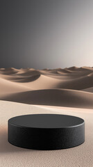 Poster - Black empty podium displaying products on sand dune background