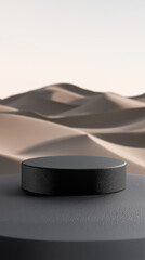 Poster - Black minimalist cylinder podium displaying products on blurred desert background