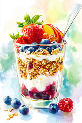 Aufkleber - Delicious layered dessert with granola, yogurt and fresh berries enjoying a healthy breakfast