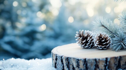Poster - Two pine cones and fir branches on a wood slice in snowy winter scene.