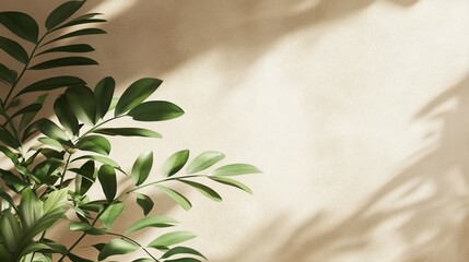 Aufkleber - Sunlight casts shadows on a beige wall, adorned with lush green tropical leaves.