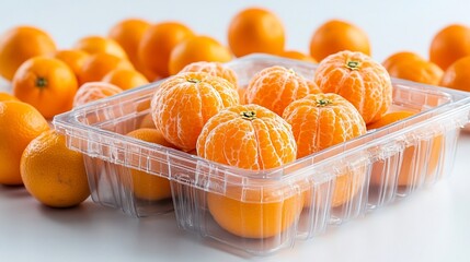 Sticker - Peeled mandarin oranges in a clear plastic container, surrounded by more whole oranges on a white background.