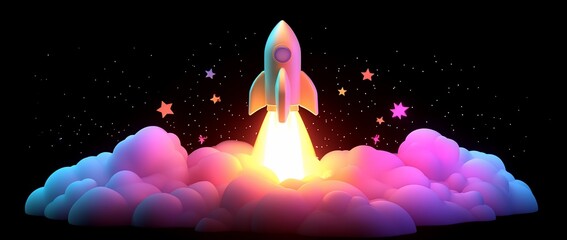 Poster - Colorful rocket launching from glowing clouds against a dark starry background.
