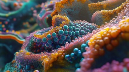 Poster - A futuristic depiction of nanotechnology in medicine with colorful organic polymers and intricate quantum dots.