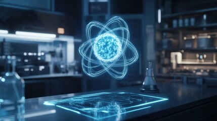 Poster - A glowing atomic model displayed on a futuristic holographic interface in a high-tech laboratory.