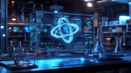 Poster - A glowing atomic model displayed on a futuristic holographic interface in a high-tech laboratory.