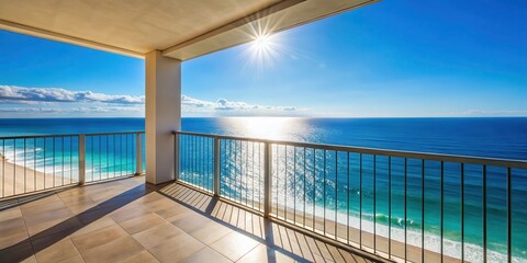 Wall Mural - Balcony overlooking the ocean on a sunny day, Balcony, sea view, blue sky, ocean, vacation, relaxation, serene, peaceful