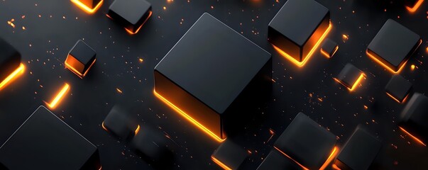 Poster - Abstract Glowing Cubes in Dark Space: A 3D Render of Illuminated Black Blocks