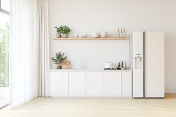 Scandinavian Kitchen Interior: Minimalistic Design with White Furniture, Utensil Shelves, Crockery, and Small Refrigerator