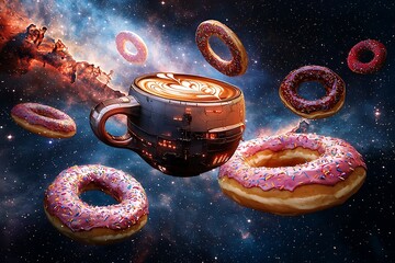 Wall Mural - a spaceship shaped like a giant coffee mug flying through a galaxy of donuts.