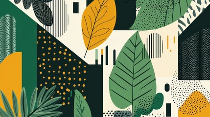 Wall Mural - Abstract botanical illustration with leaves, geometric shapes, and dots in green, yellow, and black.