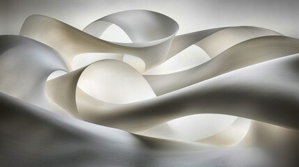 Fototapete - Abstract flowing white fabric sculpture, swirling curves and loops, soft light, elegant design.