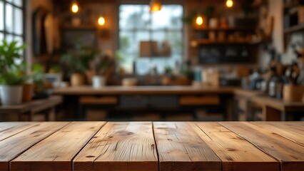 close up of empty wooden table with blurred industrial workshop factory background