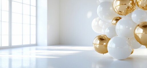 Poster - A modern, bright space featuring white and gold balloons.