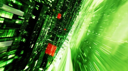 Poster - Abstract green digital cityscape with motion blur and red squares.