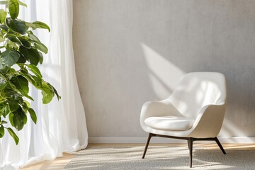 Poster - A minimalist interior featuring a white chair and a potted plant.