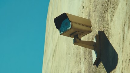 Poster - Surveillance Camera Mounted on a Wall Against Clear Blue Sky