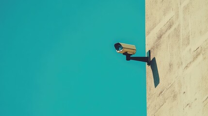 Canvas Print - Surveillance Camera Mounted on Exterior Wall Against Blue Sky