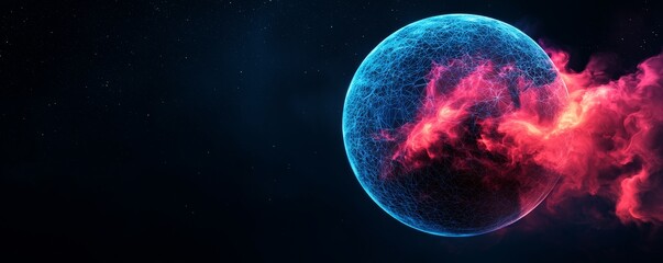 Wall Mural - A vibrant celestial scene featuring a glowing blue planet surrounded by colorful nebula-like clouds in a dark space environment.