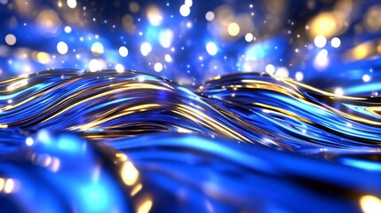 Poster - Abstract waves of blue and gold with sparkling light effects.