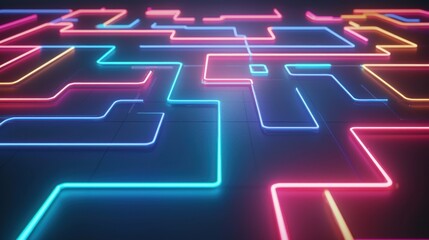 Poster - Abstract neon light maze pattern on dark background.