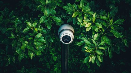 Wall Mural - Surveillance Camera Surrounded by Green Leaves in Urban Setting