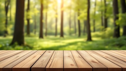 A close up of a rustic empty wooden table with blurred pine forest background