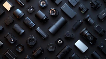 Poster - Diverse Collection of Professional Cameras and Accessories on Black Surface