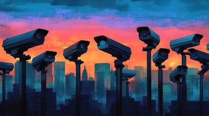 Poster - surveillance cameras overlooking urban skyline at sunset view