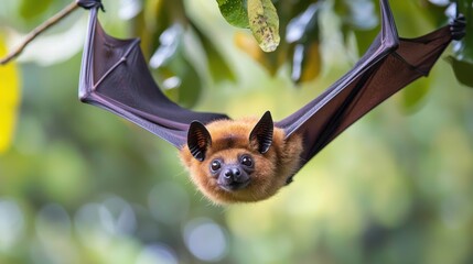 A fruit bat hanging upside down in a tropical forest.