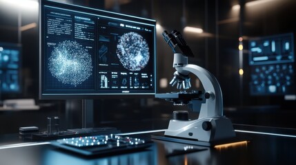 Poster - A sleek microscope focusing on particles, with holographic screens displaying analysis in the background.