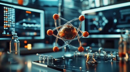 Poster - Close-up of a detailed atom model with advanced lab equipment and digital monitors in the background.