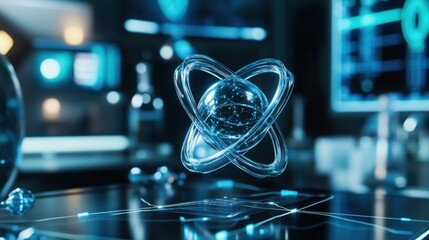 Poster - Close-up of a detailed atom model with advanced lab equipment and digital monitors in the background.