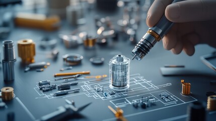 Poster - Detailed Technical Drawing and Prototype Assembly of a Mechanical Component with Tools and Instruments on a Workbench Environment