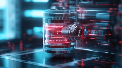 Poster - Futuristic Cyber Technology Concept with a Glowing Energy Cell in a Digital Environment Featuring Neon Lights and High-Tech Elements for Innovation and Science