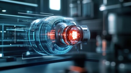 Poster - Advanced futuristic technology concept featuring a glowing mechanical device with holographic projections in a digital environment