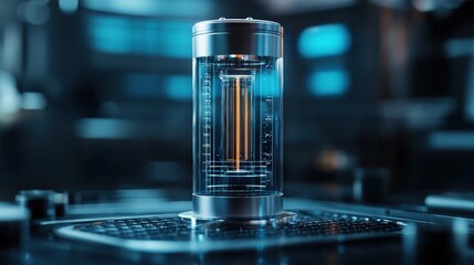 Poster - Futuristic Energy Device Encased in Transparent Cylinder with Glowing Elements, Set Against a High-Tech Background, Showcasing Advanced Technology Concepts