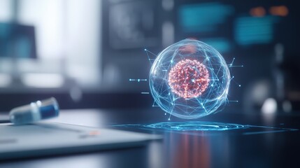 Aufkleber - Futuristic Digital Representation of a Molecular Structure Floating Above a Desk in a Modern Scientific Laboratory Environment with Soft Lighting