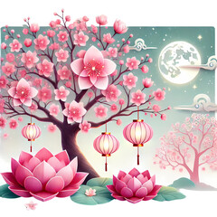 Wall Mural - Lunar new year cherry blossom with red lantern and lotus